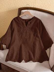 EMERY ROSE 大码女式刺绣V领宽松衬衫，夏季 - 咖啡棕 - 查看 8