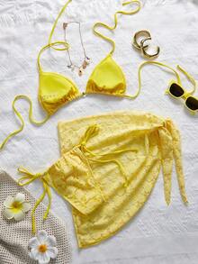 Swim Mod Bộ bikini nữ mùa hè mới, kiểu dáng thời trang, ngọt ngào, dễ thương, phối ren và họa tiết hoa, kèm áo khoác ngoài cùng màu, gồm 3 mảnh, áo tam giác hở lưng và váy. - Màu vàng - Xem 4