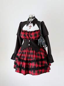 Sunspun New Retro Punk Dark Elegant Plaid Puff Sleeve Cinched Waist Slim Fit Shirt Polo Collar Top Paired With Elastic Waist Layered Ruffle Mini Skirt 2 Pieces Set, Elegant, Cosplay Dark Style Lolita Bell Sleeve Hollow Design Top + Plaid Puff Skirt Suit - Multicolor - View 7