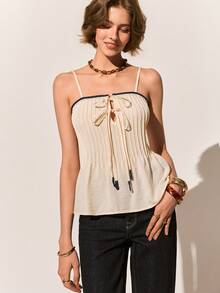 Poéselle Women's Casual Vacation Style Everyday Commute Contrast Trim Knot Front Pleated Camisole,Bow Tie Woven Camisole Top For Women, Spaghetti Strap Pleated Summer Shirt, Lightweight Casual Cami With Contrast Trim,Summer Top,French-Style  Top - Apricot - View 1