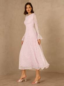 Enchnt Đầm dài nữ thanh lịch với tay áo xếp ly ren, thắt eo, thích hợp cho các buổi tiệc, liên hoan và hẹn hò. - Hồng - Xem 6