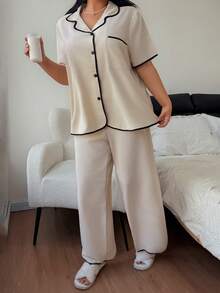 Dream Adore Plus Size Women Contrast Trim Collared Loose Short Sleeve Pajama Set - Apricot - View 6
