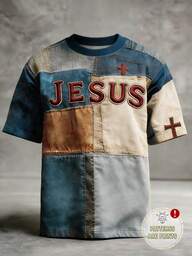 SHEIN Men's Vintage Patchwork Graphic Tee, Vibrant Colors, Comfortable Fit, Jesus Cross Faith Pattern Cozy Crew Neck T-Shirt, Suitable For Everyday Wear