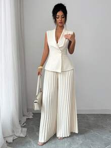 Elenzga 女士杏色V领翻领开襟设计，配腰带金属扣装饰，无袖不对称下摆上衣和高腰阔腿裤套装，优雅精致，适合情人节、复活节、劳动节、生日等场合作为礼物。 - 杏色 - 查看 8