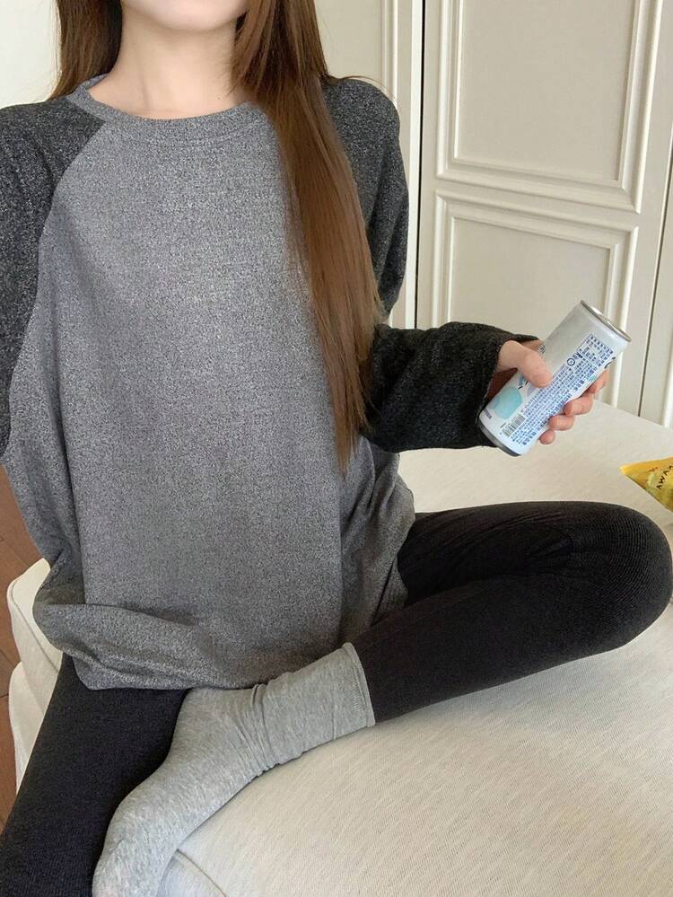 Contrast Color Raglan Sleeve Loose T-Shirt & Skinny Leggings Women's Pajama Set