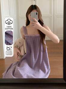 DAZY 条纹纹理雪纺面料荷叶边无袖宽肩带中长连衣裙，女士家居服 - 紫色 - 查看 5