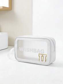 1PC Transparent Letter Toiletry Bag,Fashionable New Square Solid Color Makeup Bag With Embroidery Letters Summer Travel, Vacation Home Bathroom Decor Holiday Makeup Organizer Bathroom - White - View 7
