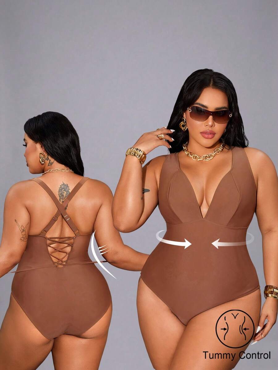 Shapewave Große Größen Eleganter einteiliger Badeanzug in Unifarbe für Damen - Kaffeebraun - Übersicht 1