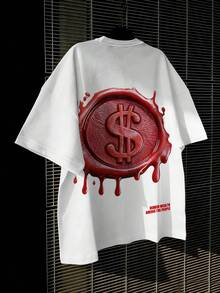 Manfinity EMRG 男士休闲日常通勤时尚街头美元邮票字母印花短袖白色T恤，夏季 - 白色 - 查看 5