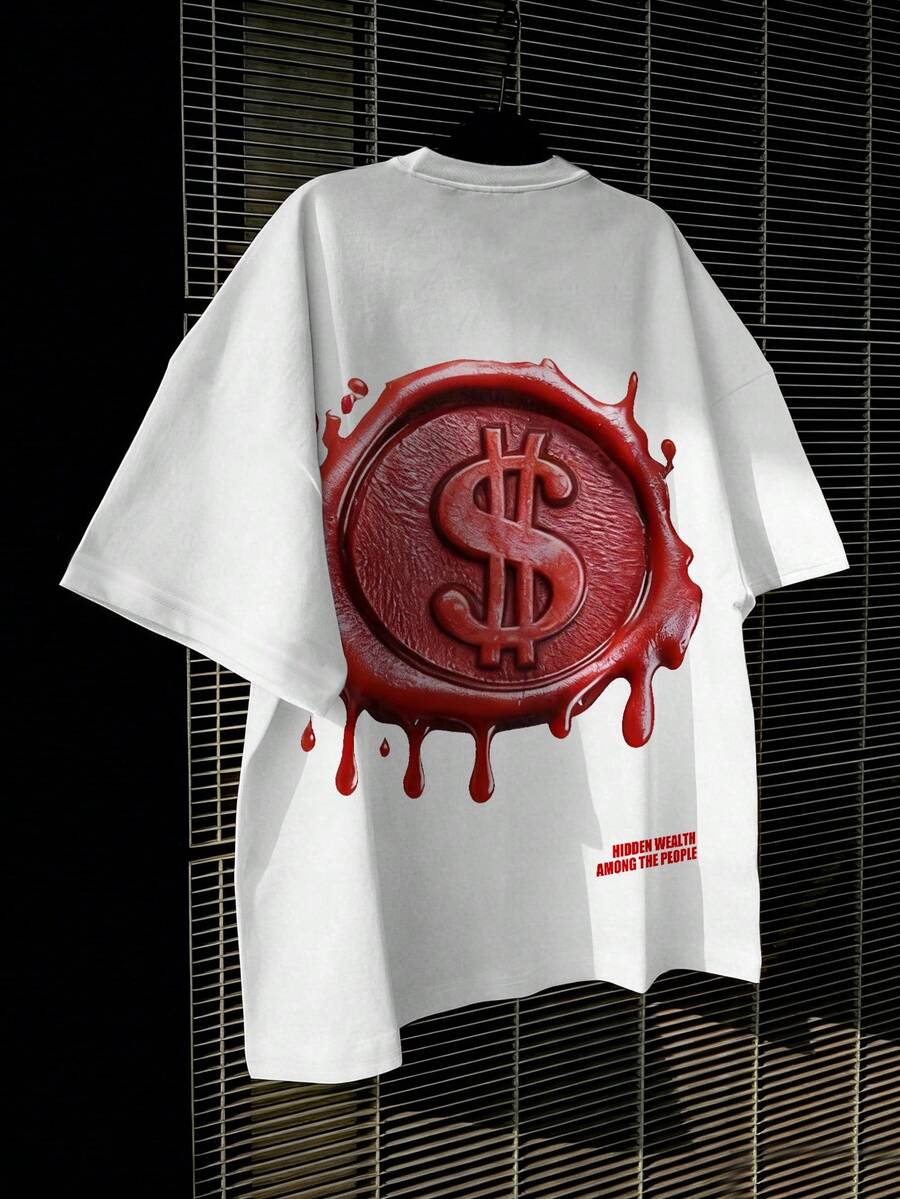 Manfinity EMRG Men's Casual Daily Commute Fashion Street Dollar Stamp Letter Print Short Sleeve White T-Shirt, Summer - White - View 1