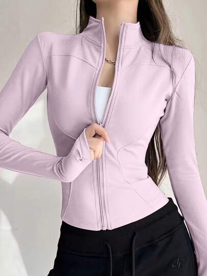 Chaqueta de yoga Y2K ajustada con cremallera y mangas largas con abertura para pulgar