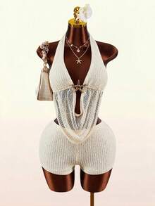 Amplova Women's Off-White Summer Seksi Chic Vacation Holiday 2 Pieces Set Metal Starfish Draped Backless Halter Neck Top And Nautical Shorts Clothes - Apricot - View 4