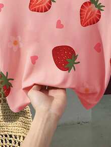 Áo thun crop top cổ tròn tay ngắn in họa tiết quả dâu tây cho nữ, thời trang mùa hè - Hồng - Xem 6