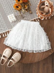 SHEIN 少女甜美优雅白色刺绣3D蝴蝶结网纱A字公主迷你裙，日常百搭，优雅可爱，甜美可人。 - 白色 - 查看 2