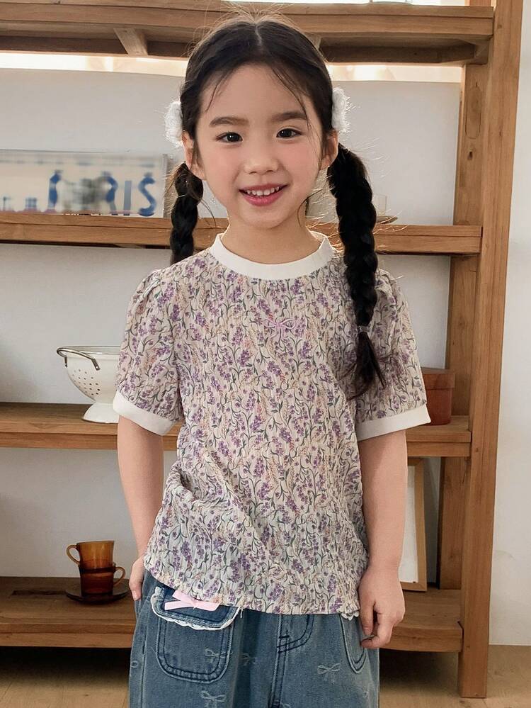 Young Girl Floral Pattern Round Neck Short Puff Sleeve Casual T-Shirt Spring Summer