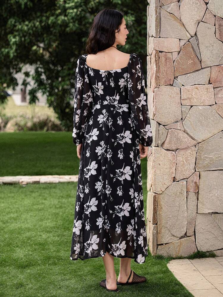 Floral Print Long Sleeve Loose Dress With Bow Tie, Suitable For Spring/Summer Vacation Dress Boho