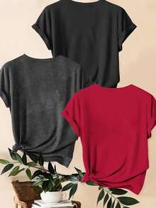 INAWLY 3件套夏季休闲英文字母和爱心印花T恤，短袖圆领图案T恤女式上衣 - 彩色 - 查看 2