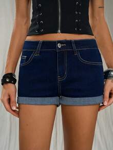TRNVIE 女士夏季休闲卷边斜插口袋修身牛仔短裤 - 藍色 - 查看 3