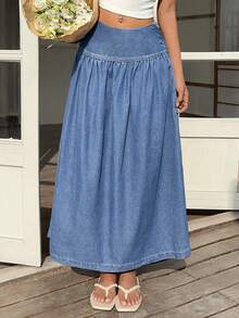 Sunnyshic 女士纯色休闲百搭褶裥牛仔迷你裙 - 藍色 - 查看 7