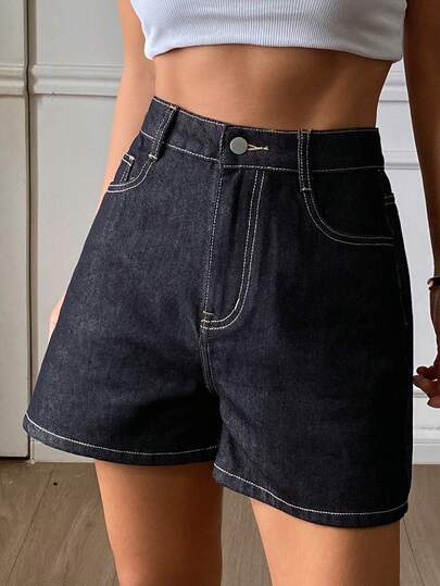 DAZY 女士撞色缝线直筒休闲街头风牛仔短裤，春秋季款