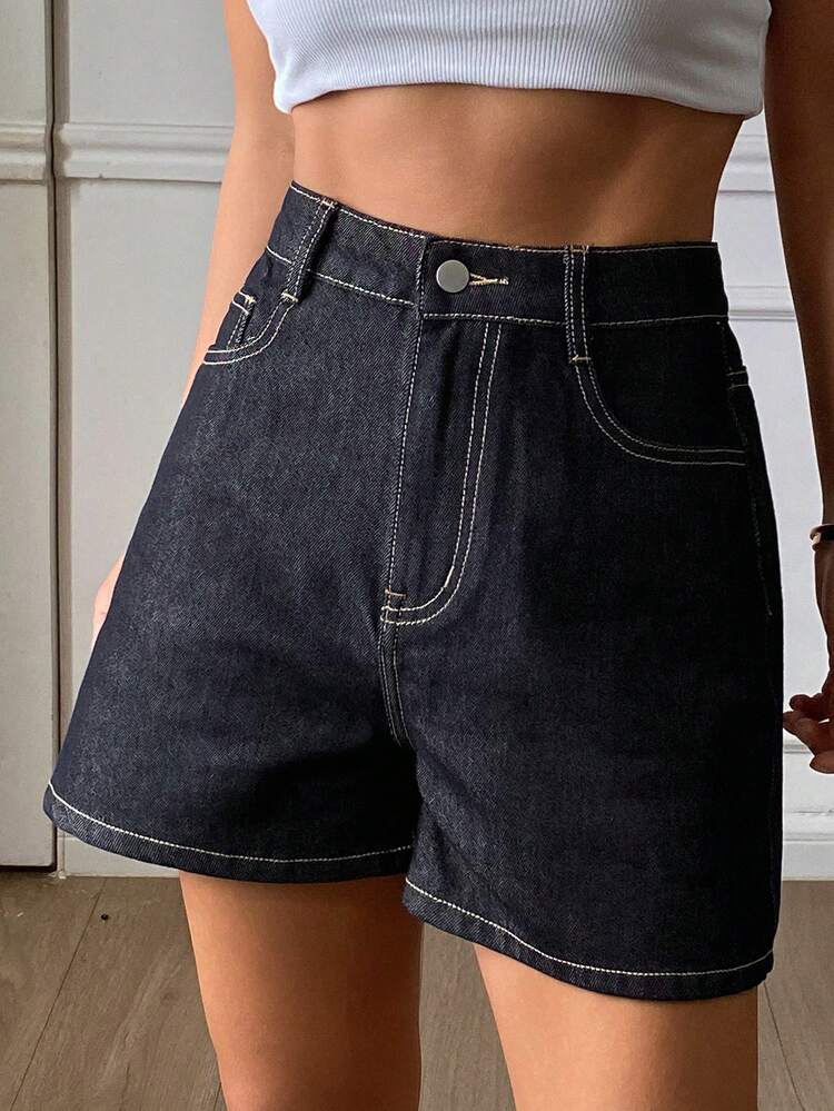 Women's Contrast Stitching Straight Leg Casual Street Wear Denim Shorts, Spring/Autumn Jorts