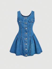 Sweetra Casual Denim Dress For Women - Blue - View 1