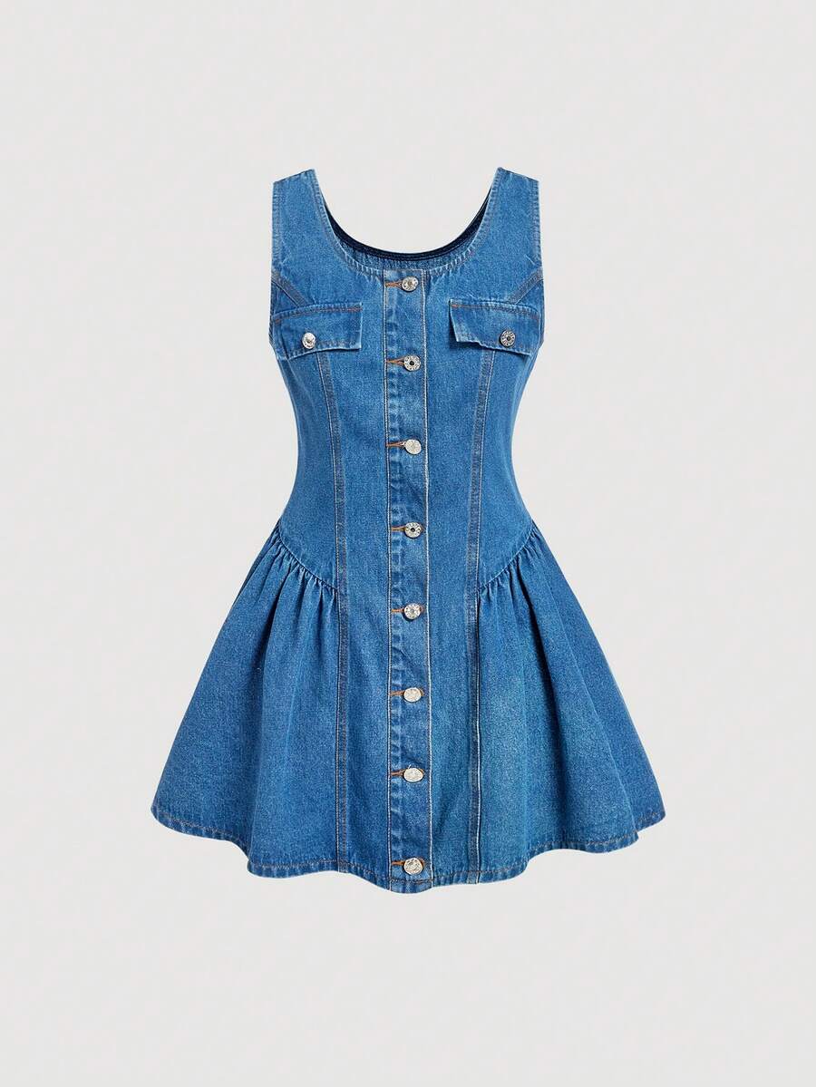 Sweetra Casual Denim Dress For Women - Blue - View 1