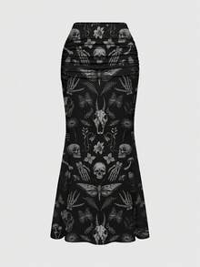 ROMWE Goth 大码哥特式蝴蝶、飞蛾、植物、骷髅、恶魔印花优雅浪漫度假裙 - 黑色 - 查看 1