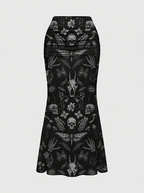 Plus Size Gothic Butterfly, Moth, Plant, Skull, Demon Print Elegant Romantic Vacation Skirt