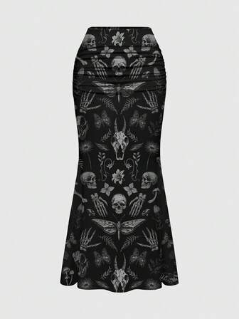 Große Größen Gothic Schmetterling, Motte, Pflanze, Totenkopf, Dämon Muster eleganter romantischer Urlaubsrock