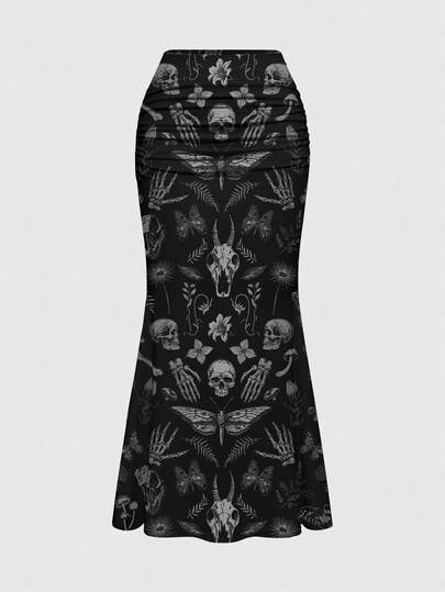 ROMWE Goth 大码哥特式蝴蝶、飞蛾、植物、骷髅、恶魔印花优雅浪漫度假裙