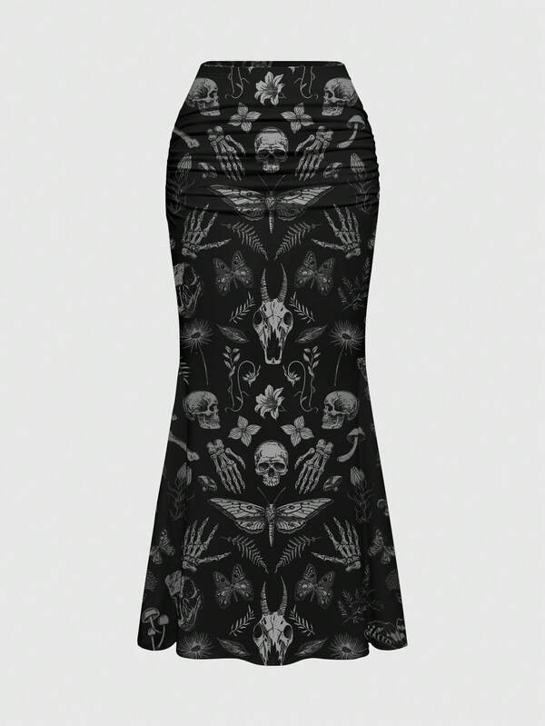 ROMWE Spring/SummergraphicblackPlus Size Gothic Butterfly, Moth, Plant, Skull, Demon Print Elegant Romantic Vacation Skirt