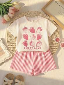 2件套，适合4-7岁女童，可爱草莓字母印花圆领短袖上衣+粉白条纹短裤，轻薄面料，可爱休闲短袖短裤套装，夏季服装 - 彩色 - 查看 5