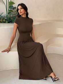 SHEIN Tall 女士纯色立领泡泡袖褶裥长款休闲连衣裙，夏季棕色连衣裙 - 棕色 - 查看 7