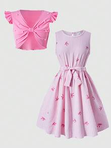 SHEIN Explorewe Streecool 女童两件套：休闲罗纹短款无袖毛衣 + 印花蝴蝶结简约编织连衣裙（含腰带），适合春夏日常休闲穿着 - 粉色 - 查看 7