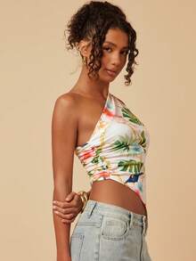 Travachic 热带印花度假风不对称下摆褶皱衬衫 - 彩色 - 查看 5