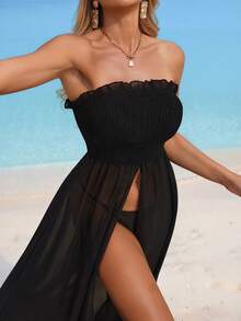 Swim Lushoire Đầm nữ màu trơn, xếp ly, gấu váy nhún bèo, thích hợp cho mùa xuân/hè. - màu đen - Xem 4