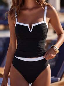 Swim Lushoire 女士纯色纹理面料撞色吊带比基尼两件套，沙滩度假 - 黑與白 - 查看 1