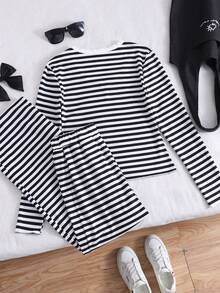2pcs/Set Casual Striped Polo Collar Top And Straight Leg Pants Set For Teen Girl Versatile For Spring/Autumn Commuting - Pink - View 2