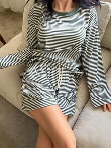 DAZY Women's Casual Striped Loose Pajama Set - Green - View 5