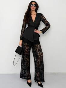 Aloruh Black Minimalist Commuting & Date Night Deep V Lace Waist Cinched Women's Suit Jacket + Wide Leg Lace Pants - Black - View 3