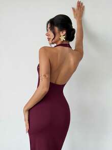 Firerie Women's Summer Seductive Rose Gold Beaded Halter Neck Maxi Dress, V-Neck Draped Backless Bodycon Party Dress For Graduation Music Festival - Red Violet - View 3