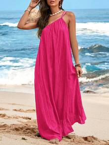 SHEIN VCAY 纯色不对称领口休闲无袖纹理连衣裙