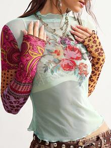 Bohemela 女士印花撞色立领长袖上衣