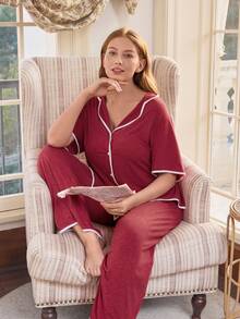 Doze Lane Plus Size Casual American Style Turndown Collar Short Sleeve Loose Soft Pajama Set - Burgundy - View 1