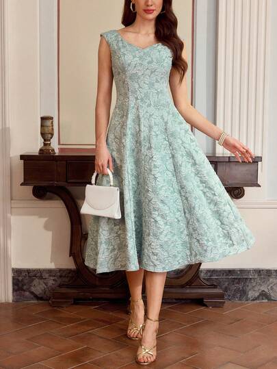 Vintamour Vintage Elegant Women's Dress With Pockets, Jacquard Texture Heart Neckline, Casual Holiday Party Dress