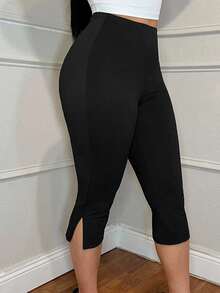 SHEIN Tall CURVE Quần legging cạp cao màu trơn dành cho nữ cỡ lớn, kiểu dáng thường ngày. - màu đen - Xem 3