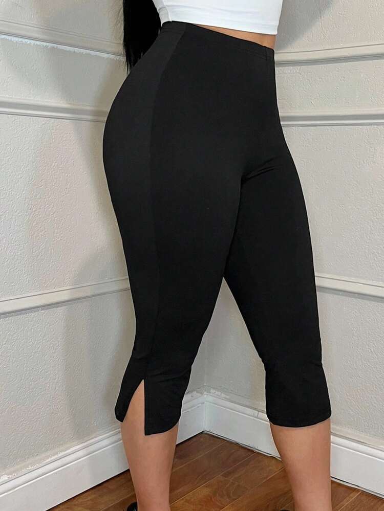 SHEIN Tall CURVE Quần legging cạp cao màu trơn dành cho nữ cỡ lớn, kiểu dáng thường ngày. - màu đen - Xem 3