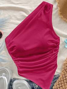 Soleia 女士玫瑰红不对称下摆不对称肩部上衣，夏季度假 - 彩色 - 查看 3