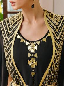 Anewsta Elegante bata negra artesanal con bordado dorado y cuentas, con cintura ceñida 2 en 1 - Negro - Ver 1
